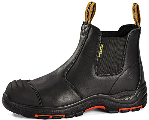 SAFEYEAR Strapazierfähige Sicherheits-Arbeitsstiefel für Herren, schwarze S3-Sicherheitsschuhe für Site-Händler, Wide Fit Zehenkappe aus Verbundwerkstoff, Slip-on-Leder, bequeme Einlegesohle