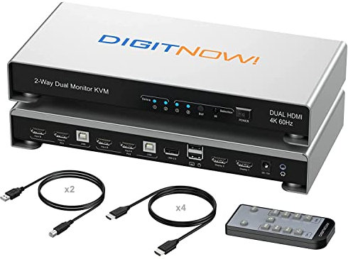 HDMI KVM Switch Dual Monitor Extended Display, 4K@60Hz RGB 4:4:4, mit IR Remote, USB Hub, Audio, Hotkey, Tastenumschaltung, PC Monitor Tastatur Maus Switcher für 2 Computer 2 Monitore