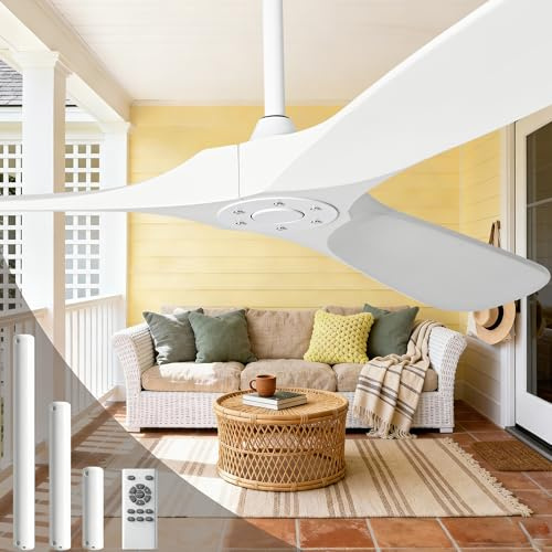 Zronon 52 Inch White Ceiling Fan No Light, 3 Blade Wood Outdoor Ceiling Fans for Patios Gazebo Porch Living Room, Reversible Modern Wet Rated Indoor Ceiling Fan without Lights with Remote