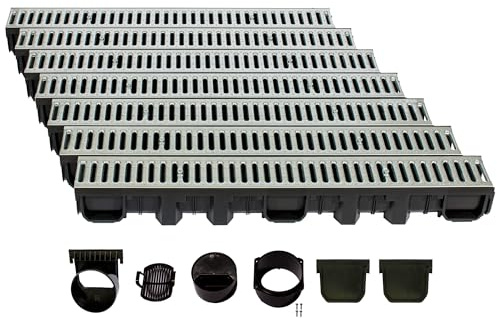 ScarMaxx - Set di grondaie di drenaggio A15 - Grondaia - Scarico dell'Acqua piovana - Scarico con griglia - Canale di drenaggio - Piatto - Plastica - Altezza 115 mm - con Stegrost Acciaio zincato - 7