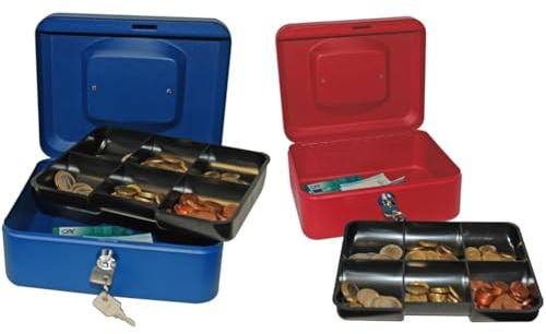 Caisse à Monnaie Reskal Verrouillable en métal 20 x 16 x 9 cm bleue avec Monnayeur et 2 clés inclus & Caisse à Monnaie En métal 9 x 20 x 16 cm rouge