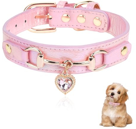 Collar pequeño para Perras, Collar para Cachorros de Cuero PU con un Charm de corazón Brillante, Ajustable con 5 Agujeros, Collares para Perros con Hebilla Dorada. (M)