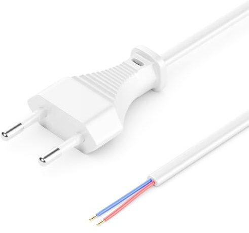 deleyCON 3,0m Euro-Netzkabel - Offenes Kabelende - Stromkabel, Ersatzkabel, Anschlusskabel, Zuleitung - Typ C Flacher Euro Stecker - für Leuchten, Lampen, Leuchtmittel - Weiß