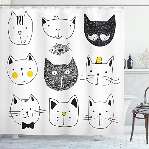 ABAKUHAUS Katze Duschvorhang, Katzen mit Fisch, Stoffliches Gewebe Badezimmerdekorationsset mit Haken, 175 x 240 cm, Gelb Grau