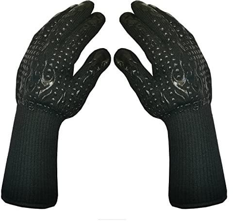 Guanti da forno con dita, resistenti al calore, per barbecue, fino a 800 °C, 35,5 cm, resistenti al taglio, in silicone, antiscivolo, per grigliare/cuocere al forno, idea regalo (L, nero)