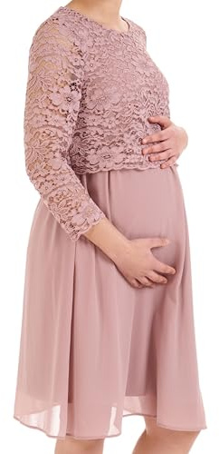 Herzmutter Moderskapsklänning - klänning för kvinnor Bröllop - Bröllopsklänning - Chiffon Spets Graviditetsklänning - Festlig - Elegant Knälång Lång Arm - Cocktail Party - 6400 (XS, Gammelrosa)