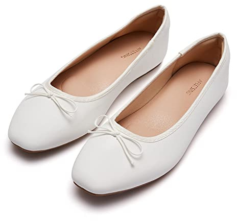 AFEETSING Women's Round Toe Ballet Flats Comfortable Bow Dressy Flats Shoes for Women (A-White, Numeric_7_Point_5)