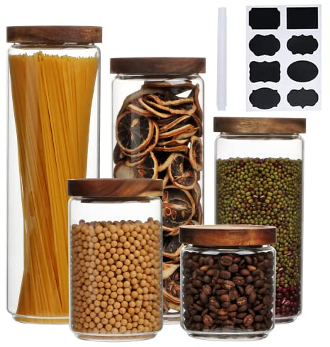 Flrolove Glass Canisters With Wooden Lids Kitchen Jars for Storage,Tea,Sugar and Coffee Container Set,Set of 5 Canisters for Candy, Cookie, Rice and Spice Jars