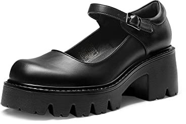 DREAM PAIRS Women's Chunky Platform Mary Janes Shoes Buckle Strap Round Toe Flats Shallow Mouth Japanese Sweet Lolita Princess Shoes SDPU2346W-NEW-E,Size 9,Black-Pu,SDPU2346W-NEW-E