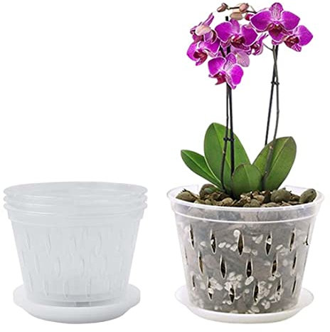 Bote de orquídeas, macetas de guardería, maceta de orquídeas, macetas de orquídeas de plástico transparente con agujeros de drenaje y bandejas de maceta de orquídeas decoración del hogar 4 piezas