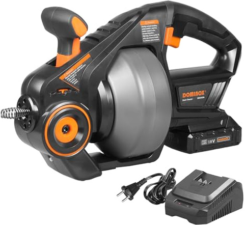 DOMINOX 18V Spirale Pulizia Tubi Elettrica, 7,6m Albero in Acciaio a Molla per 19-51mm Tubo, Pulitore Tubi Scarico per WC, Bagno, Cucina, Fogna (Comprese le Batterie)
