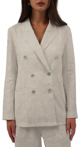 Amazhiyu Womens Pure Linen Double-Breasted Notched Long Sleeve Blazer with Pockets Flax, Large