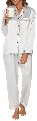 Reliwel Women's Pyjama Sets Silk Satin Long Sleeve Button Down Ladies Pyjamas two Piece Silk Pjs for Women Sets Sleepwear Loungewear Nightwear for Spring Summer,Grey,S