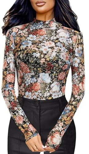 BemorRun Floral Mesh Long Sleeve Tops for Women Mock Neck See Through Fitted Sexy Going Out Top(Multi Floral,L)