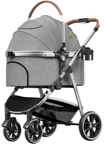 Hundewagen Klein 3 In 1 Abnehmbar Haustierwagen, Atmungsaktiv Und Bequem Katzenbuggy, Getränkehalter + Tasche + Aufbewahrungskorb, Tragfähigkeit: 20 Kg (Color : Grigio, S : 100 * 72 * 58cm)