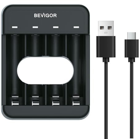 BEVIGOR 4-slot AA AAA Battery Charger with LED Display, Type C Quick Charging, Independent Slot for Ni-MH Ni-CD Rechargeable Batteries