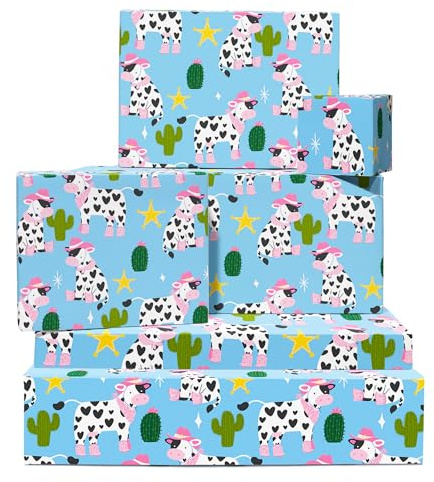 Ko presentpapper för födelsedag - 6 ark blå omslagspapper med etiketter - ko, kaktus, stjärna - cowboy - för kvinnor barn tonåringar - återvinningsbar - Di Central 23