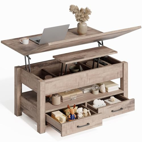 Rolanstar Höhenverstellbarer Couchtisch mit 2 Schubladen, 100 x 50 cm Wohnzimmertisch aus Holz,Platzsparend & Einfach Montiert für Schlafzimmer, Holzfarbe