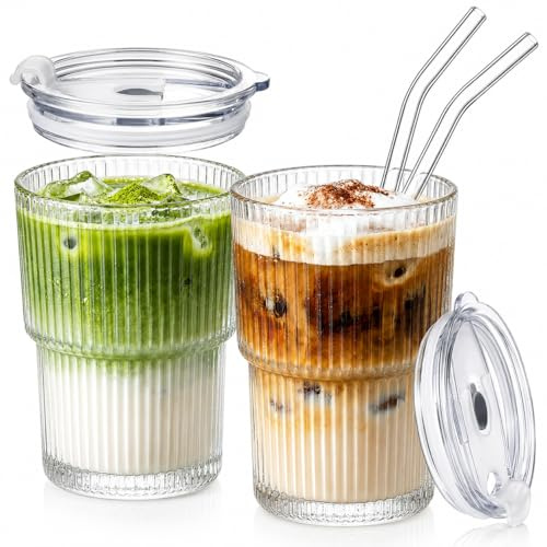 ALINK 2 Stück Kleine 400ml Gerippte Glasbecher mit Deckel und Strohhalm, Eiskaffee Gläser, Longdrinkglas Set, Smoothie Becher, luftdichtes und wasserdichtes Design, ideal als Kaffee
