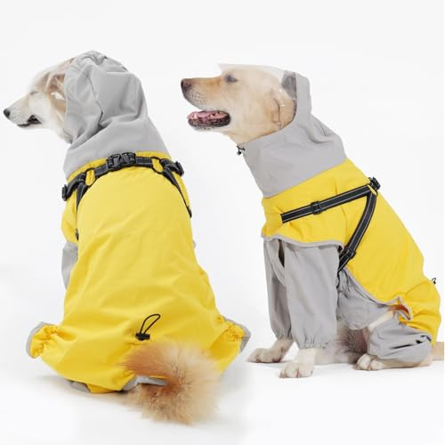 LIANZIMAU Cappotto Impermeabile Cane con Cappuccio a Visiera Trasparente e Strisce Riflettenti - Impermeabile per Cani a 4 Gambe con Imbracatura Integrata, Antipioggia Cane per Taglia Media e Grande