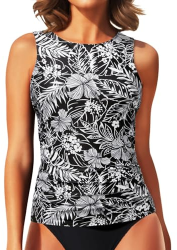 Daci Black with Flowers Tankini Tops for Women High Neck Swim Top Tummy Control Bathing Suit Top Modest Swim Tank Top No Bottom L