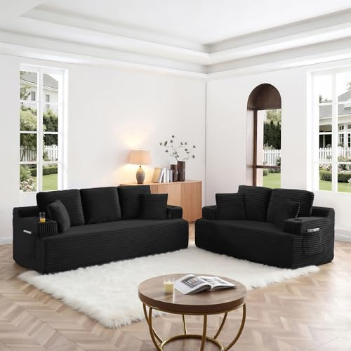 XOCN Boneless Sofa Couch Set with Cup Holders & Side Pockets, Modern Corduroy Fabric Upholstered 3-seat Couch & Loveseat Set with 4 Throw Pillows for Living Room, Office, No Assembly (Black)