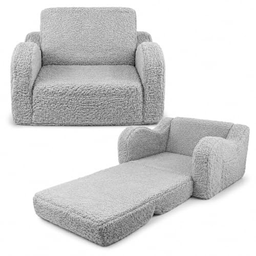 GreenWhim Kids Sofa Bed 2-in-1 Fold Out Toddler Couch with Soft Sherpa Cover Convertible Children Reading Chair (Grey)
