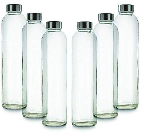 BrandPrint, Set di 6 Bottiglie in Vetro per Acqua Modello Eos 750 ml con Tappo a Vite in Acciaio Inox. Per Bevande e Succhi.