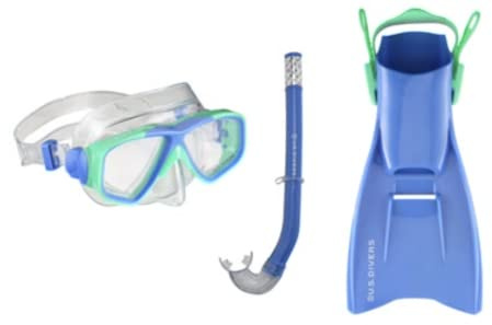 U.S. Divers Tiki Jr Kids Snorkel Set - 2-Window Mask with Anti-Fog Coating, Open Barrel Snorkel, Easy Adjust Fin Buckles - Play Series | Unisex Children