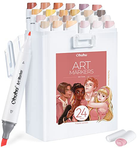 Ohuhu Alcohol Markers Slim Broad and Fine Tip, 24+1 Skin Tones Seamless Blending Ink Refillable Markers for Portraits, Fashion Design & Character Art - Kaala Serie