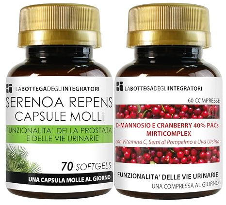 Set di Integratori per la Prostata e per le vie Urinarie | Serenoa Repens 70 Softgels + D-Mannosio e Cranberry con Semi di Pompelmo Uva Ursina e Vitamina C 60 Compresse | La Bottega Degli Integratori