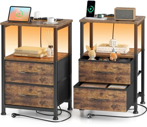 Yornoli Nachttisch 2er Set mit LED & Ladefunktion, Beistelltisch mit Schublade, Nachttische mit 3 AC-Anschlüsse & 2 USB-Anschlüssen, Beistelltische fürs Wohnzimmer, Schlafzimmer, Vintage Braun