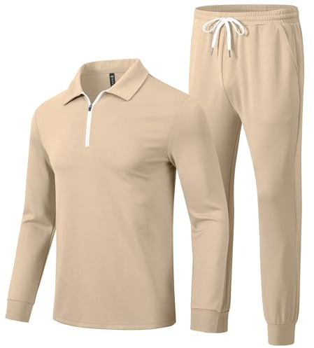 MoFiz Tuta Uomo Completa Casual Sportiva Tuta da jogging Manica Lunga 2 Pezzi 1/4 Cerniera Felpa e Pantaloni con Tasche Cachi Taglia US S/EU M