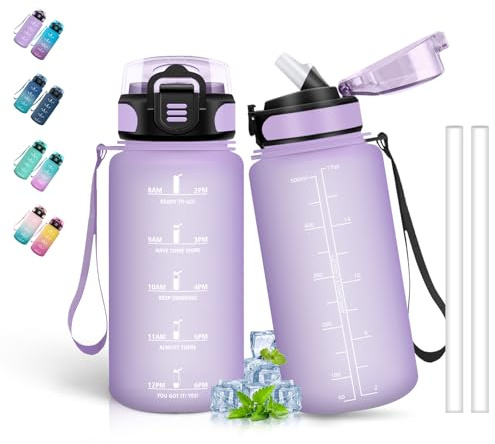 Grsta Gourde Enfant 500ml, Gourde Graduée pour 1 Journee, Graduée, Facile à Nettoyer, Anti Fuite, Motivation pour Filles, pour l'École, Bureau, Velo, Voyage, Camping, Violet