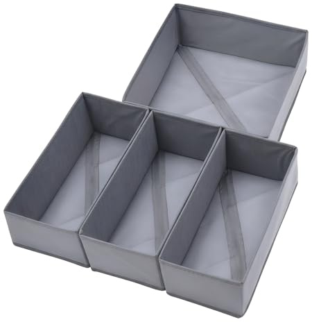 Bructhun Foldable Fabric Drawer Organizer Set 4 Pack Dresser Dividers - Sock Underwear Storage Bins Gray