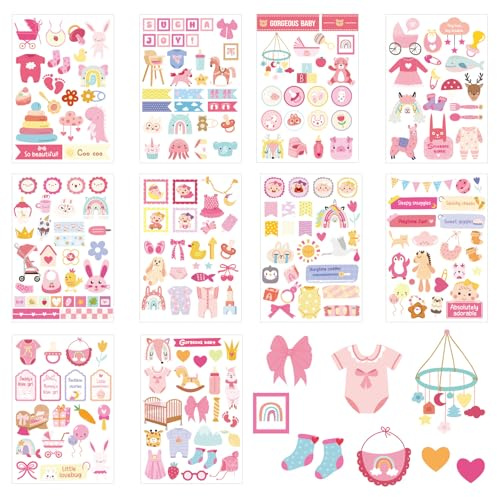 10 Sheets Baby Girl Scrapbook Stickers, Pink Newborn Theme Baby Scrapbooking Stickers Supplies Pregnancy Planner Decal for Memory Book & Photo Albums