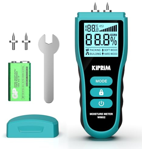 Kiprim Pin-Type Moisture Meter for Wood, Wall, Package, Buliding– Digital Moisture Detector with LCD Display, Temperature (°C/°F), Hold Function, 4 Material Modes, Replacement Pins Included WM02