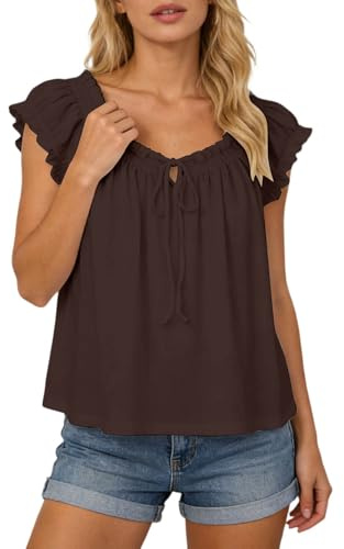 Blouse Femme Boheme Manches Courtes à Volants, Chemisier Femme Sans Manches Fluide, Encolure Froncée avec Lien, Coupe Ample, Ourlet Droit, Debardeur Style Uni | Haut Été pour Plage, Sortie, Quotidien