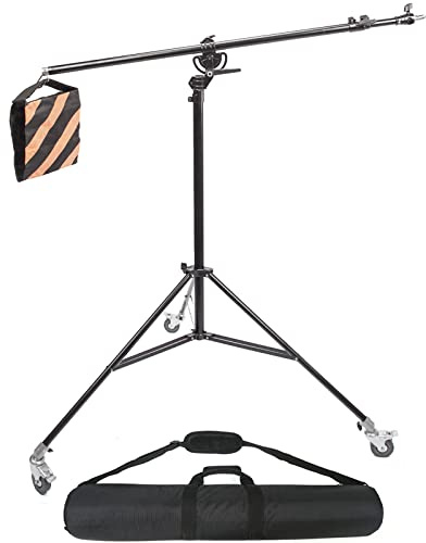 Kit Eclairage Support de Lumière 390cm & Bras Girafe 190cm 2 in 1, Trépied avec Sac de Sable, roulettes et Sac Trépieds, Light Stand Boom Arm 2in1 Kit pour Photographie Photo Studio Vidéo Lumière
