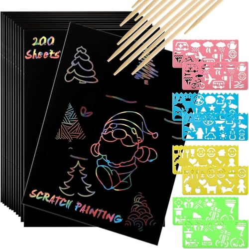 ZEAYEA 200 Pcs Scratch Paper Art Set, Scratch Off Magic Paper with 10 Stylus, 8 Stencils, Black Scratch Notes for Boys and Girls DIY Crafts Christmas Birthday Gift Cards