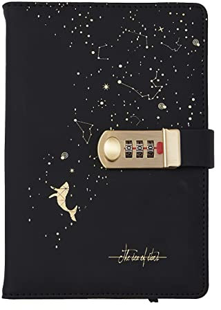 LinYesh PU Leather Binder Notebook with Lock, Stars Combination Lock Journal, A5 Personal Writing Diary, Gifts for Kids Women Men