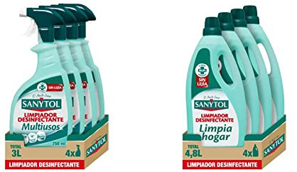 Sanytol - Limpiador Desinfectante Multiusos, Elimina Bacterias, Hongos y Virus Sin Lejía, Perfume Eucaliptus - Pack de 4 x 750 Ml = 3L & – Botella Desinfectante Limpiahogar-Pack de 4 x 1.200 ML = 4,8L