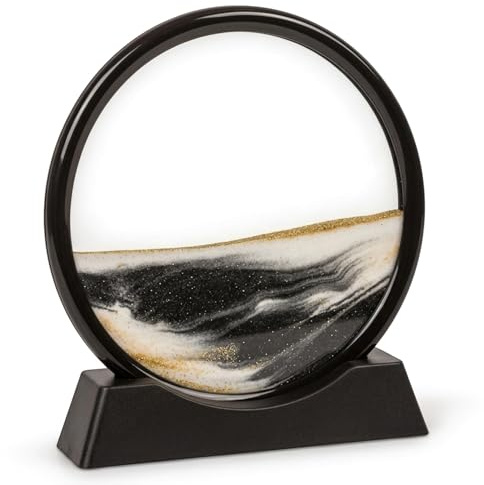 MIJOMA Sabbia mobile con base, decorazione dinamica con sabbia bianca e nera e particelle glitterate dorate, pittura a sabbia fluida per tornitura, diametro 17,5 cm x 1 cm