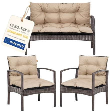 Bielik Gartenkissen Set 3-teilig, Gartenmöbel Polster Set für Rattanmöbel, Bankauflage + 2 Stuhlkissen, Sitzpolster Gartensofa und Gartenstuhl, wasserabweisend Outdoor (beige)