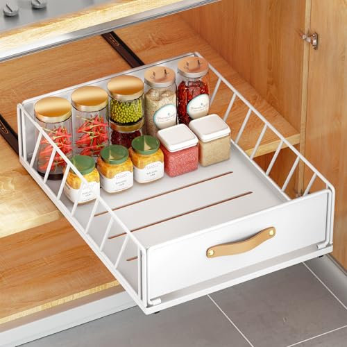 Kitstorack Teleskopschublade, Ausziehbare Schublade für Kabinett Metall Slide Out Organizer Mit Griff Küche Aufbewahrungsregal Klebebänder Korb Schublade für Schrank, 40 Tiefe x40 Breite x16 Höhe cm