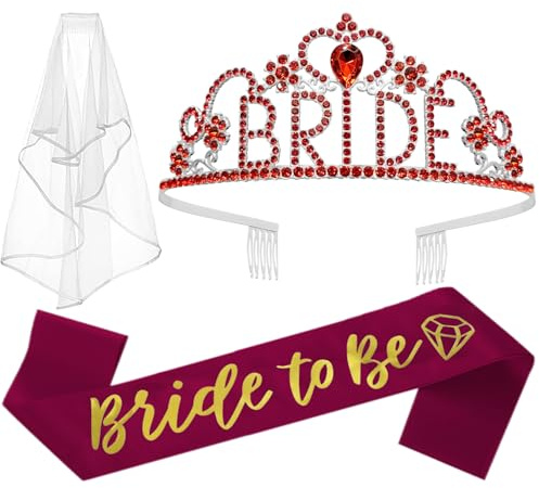 JETKONG 3 Pcs Bachelorette Party Decorations BRIDE Crown, Bride to Be Sash&Veil for Women Bachelorette Party Gifts, Bridal Shower Supplies, Gifts, Favors (Red)