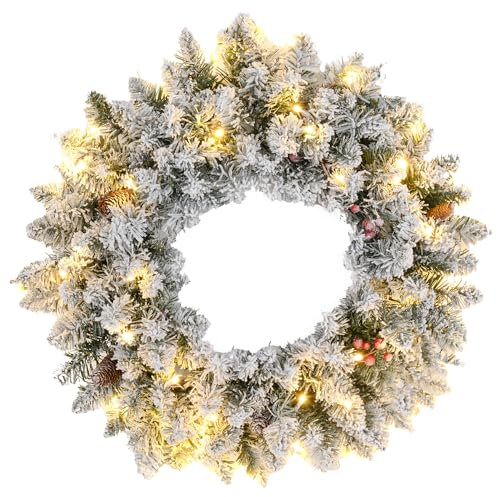 HOMCOM Couronne de Noël Porte givrée Artificielle 60 CM décoration de Noël Lumineuse avec Pommes de pin et Baies Rouges, lumières LED et minuterie, pour Porte, fenêtre ou cheminée, Vert