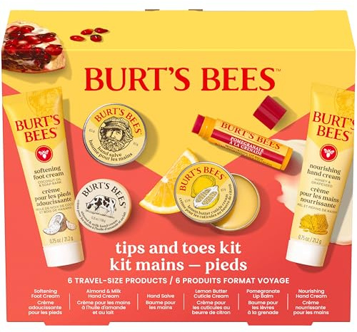 Burt's Bees Gifts Ideas, Tips and Toes Kit, 6 Travel Size Products - Pomegranate Moisturizing Lip Balm, 2 Hand Creams, Foot Cream, Cuticle Cream, and Hand Salve