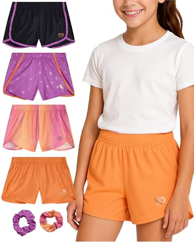 Body Glove Girls Athletic Shorts - 4 Pack Active Performance Fleece Running Short - Girls Gym Workout Dolphin Shorts, Size 8, Black/Orange/Pink/Ombre