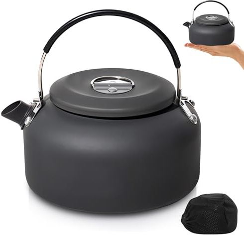 PORFOYO Bouilloire de camping 1,4 l - Bouilloire portable avec poignée anti-chaleur - Idéale pour la cuisine - Bouilloire en acier inoxydable pour pique-nique